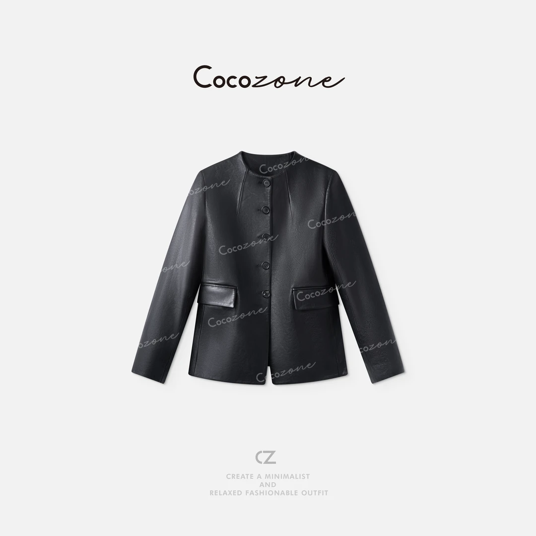 COCO ZONE刘一一【100羊皮】圆领单排扣前口袋皮衣 CD2A1645