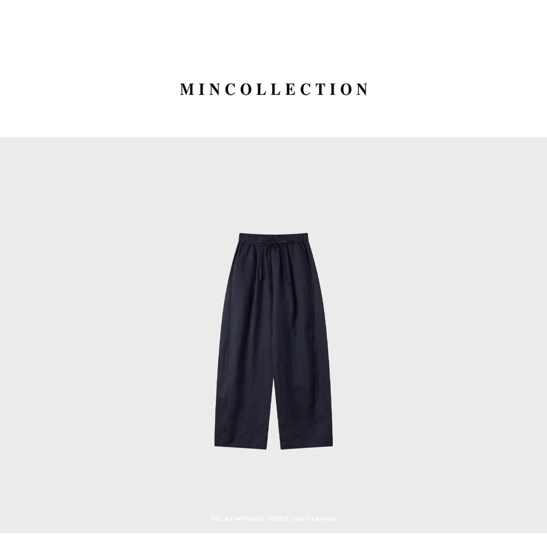 蓝麻裤/清凉百搭通勤松紧腰系带亚麻休闲裤40416