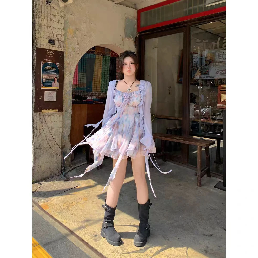 （现货）大码胖妹妹氛围感油画碎花裙夏新款微胖大码吊带裙套装1806