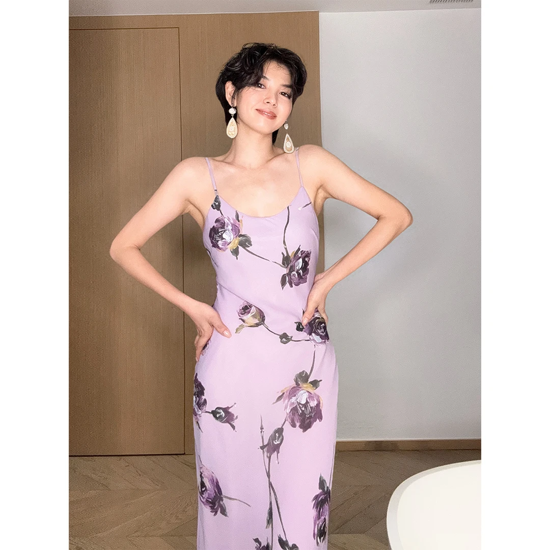 Daily Romance25夏粉紫油画紫玫瑰吊带连衣裙