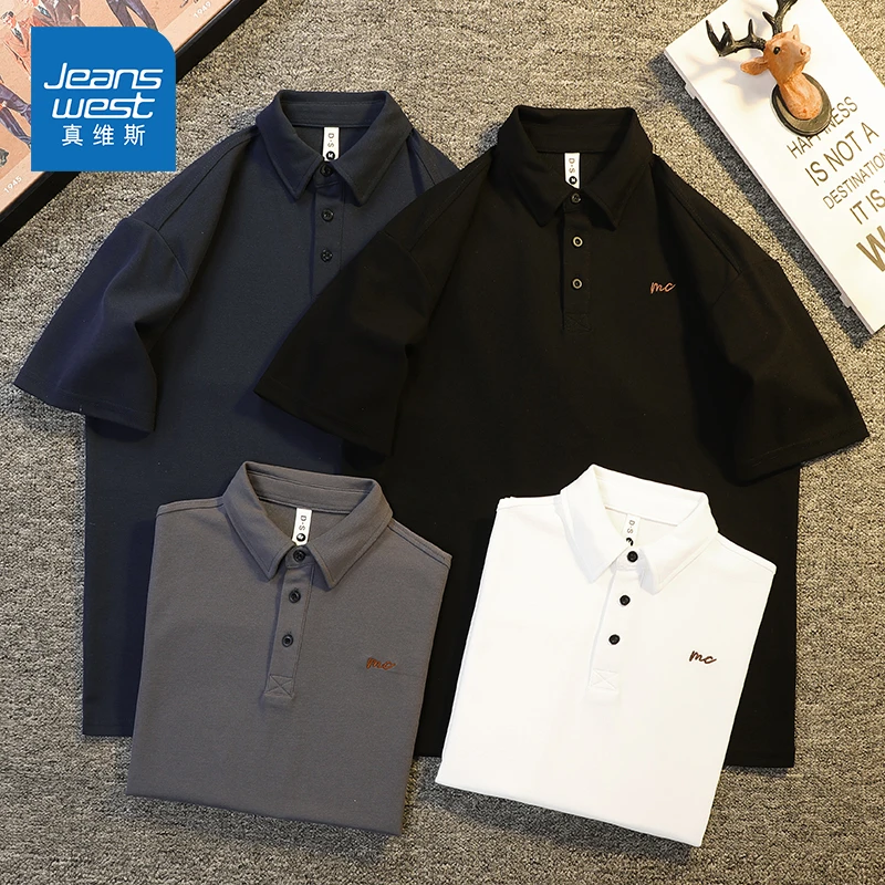 Jeanswest/真维斯男士薄款透气舒适短袖上衣夏季简约刺绣polo衫男