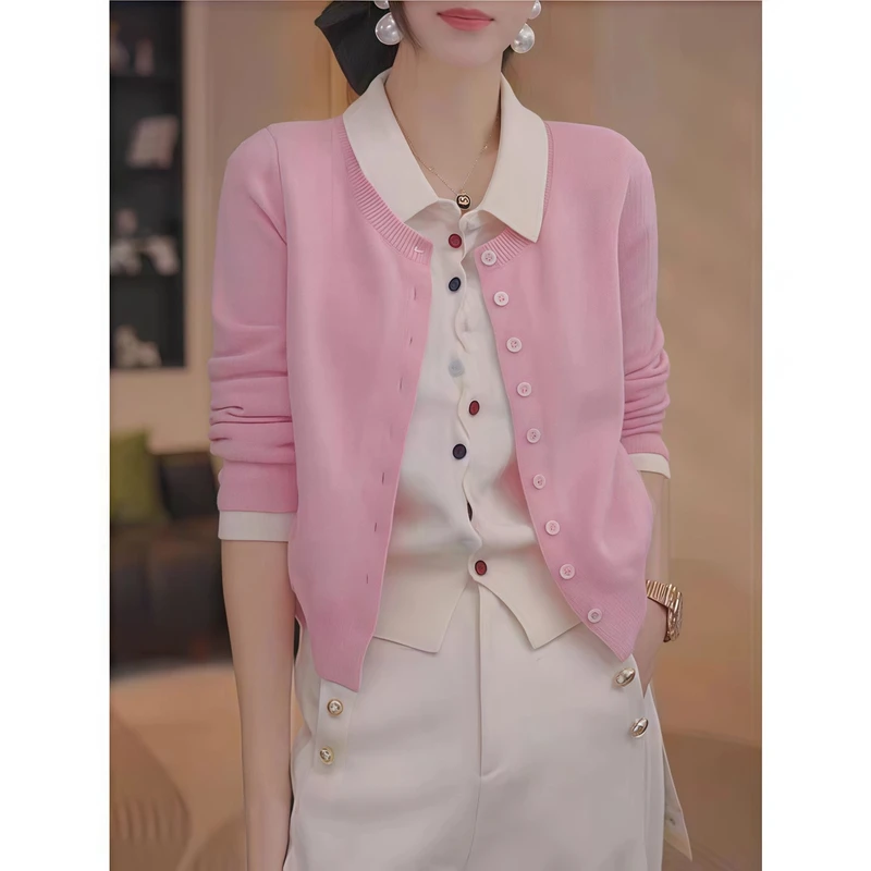 韩版减龄撞色假两件翻领洋气毛衣女春季新款设计感时尚针织开衫潮