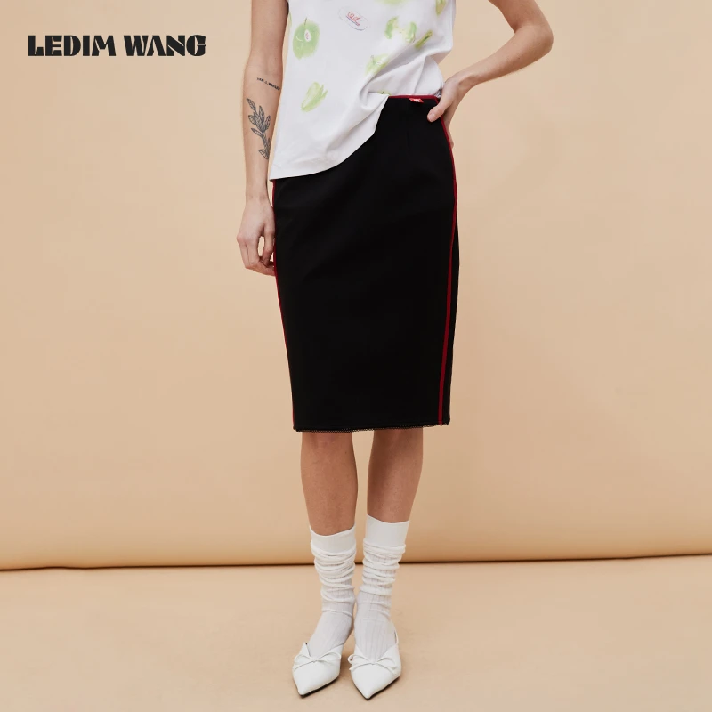 ledim wang弹力撞色直筒半身裙女高级感黑色休闲修身显瘦半裙