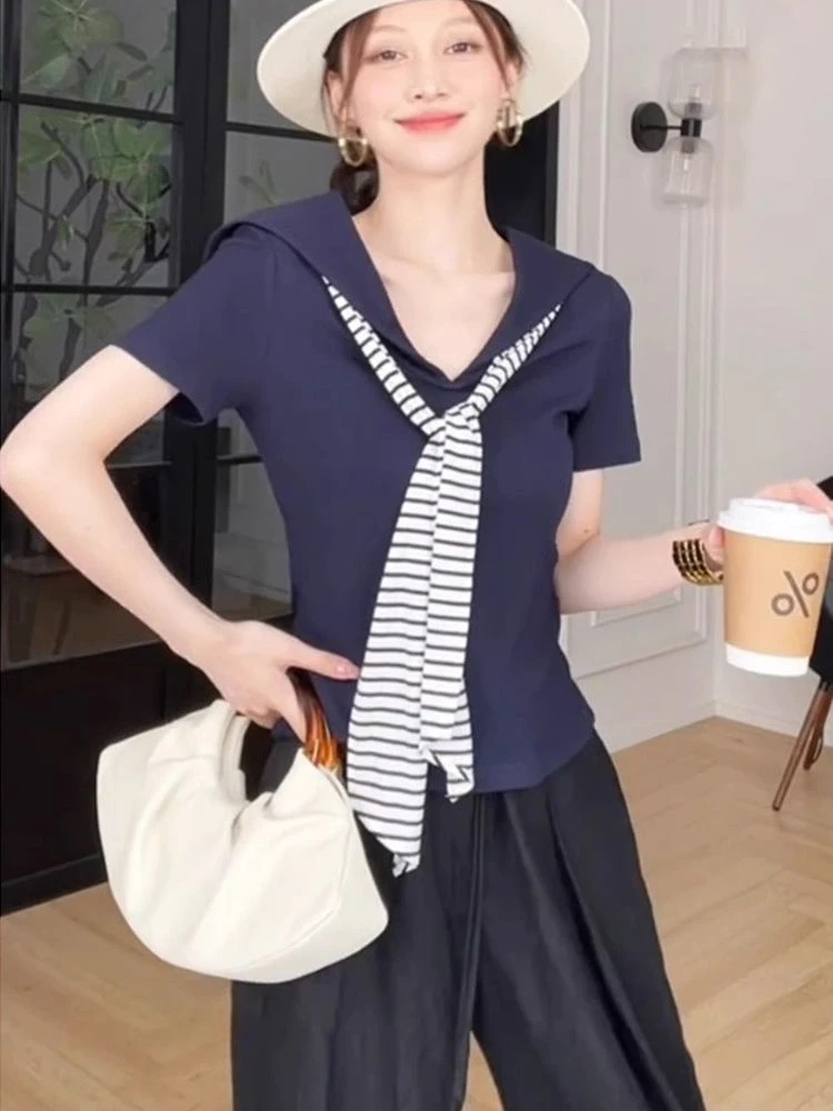 夏季新款法式复古T恤上衣海军领条纹领带撞色短袖时尚气质打底衫