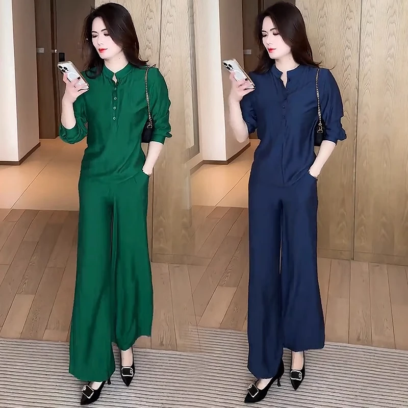 时尚套装女2025春季新款洋气质显瘦V领衬衫高腰阔腿裤减龄两件套