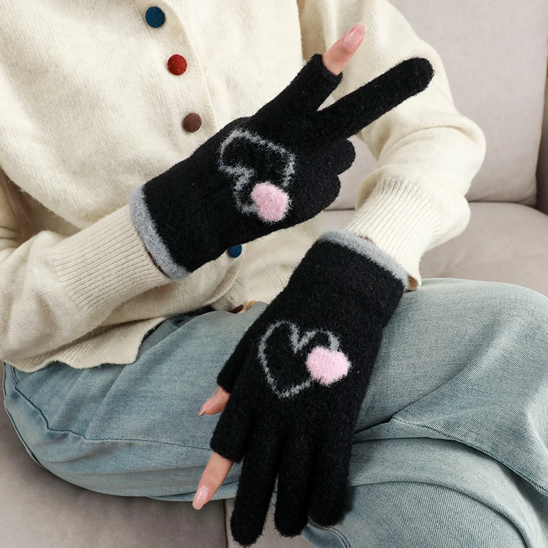 漏指头保暖手套女士冬季加厚毛绒纯色可爱学生露二指游戏触屏手套