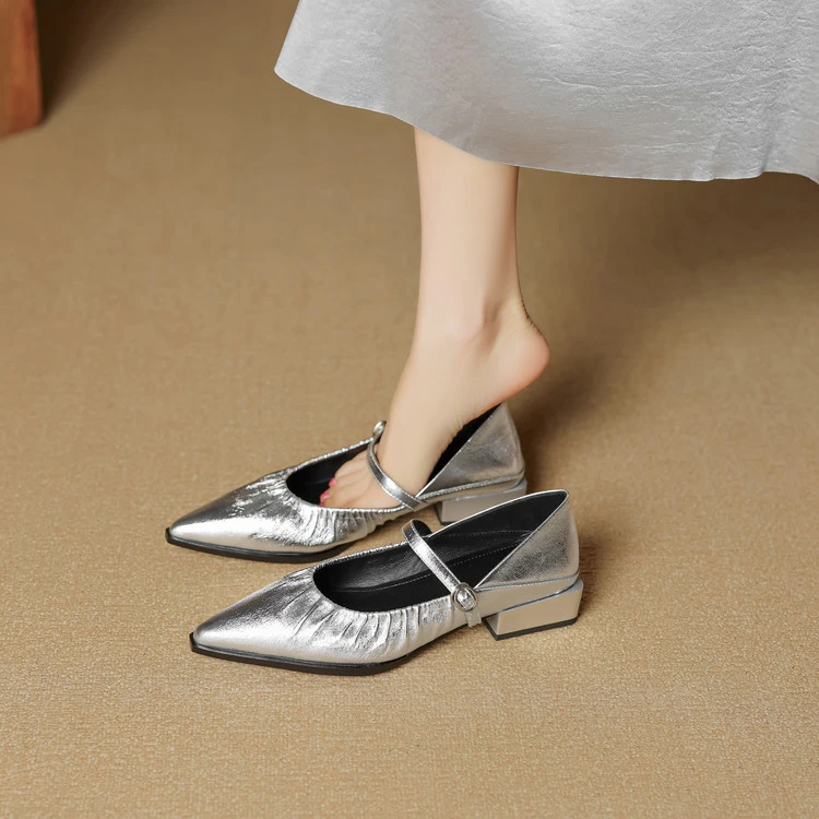 羊皮~3.5cm法式温柔风中跟小皮鞋女真皮尖头浅口单鞋一字带玛丽珍