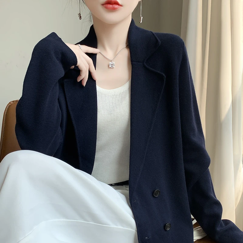 新款西装领精仿羊毛开衫女时尚设计感纯色宽松显瘦外搭上衣D155