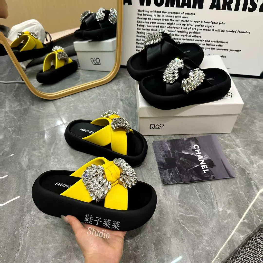 【莱莱】仙女厚底松糕蝴蝶结拖鞋女2025夏季网红炸街超火水钻凉拖