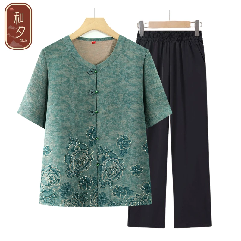 中老年人夏装衬衫女唐装短袖t恤夏季70-80岁妈妈上衣老年人衣服
