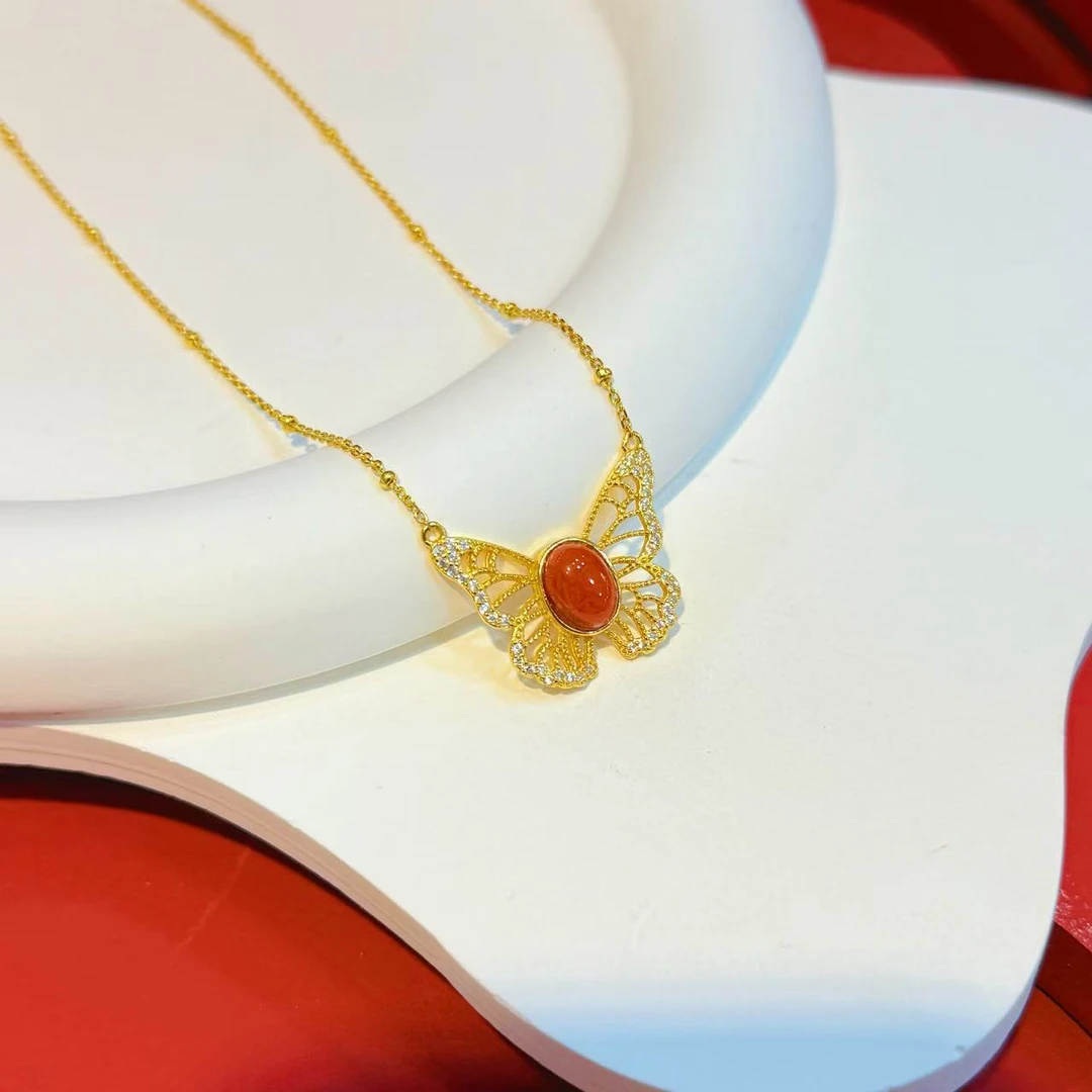 S925银镶嵌6*8mm南红旦面蝴蝶套链HNZ9475