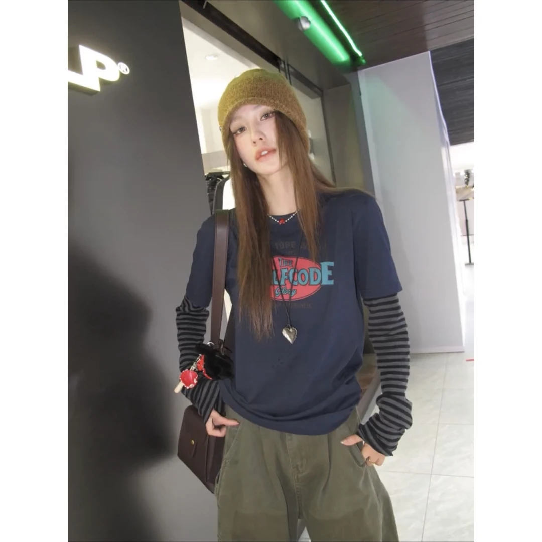 美式复古Vibe风撞色拼接长袖t恤女秋季宽松假两件条纹打底衫上衣