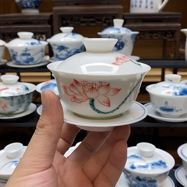 手绘茶具荷花盖碗