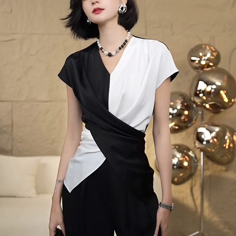 高级感洋气慵懒风撞色V领衬衫女夏季新款交叉收腰显瘦衬衣上衣潮