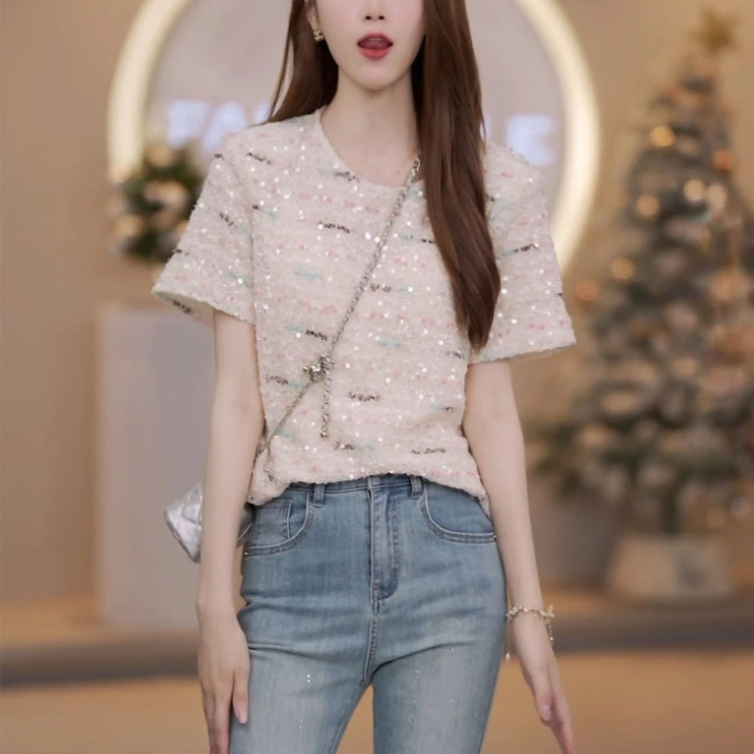 时尚设计感重工亮片短袖T恤2025夏季新款气质显瘦休闲百搭上衣女