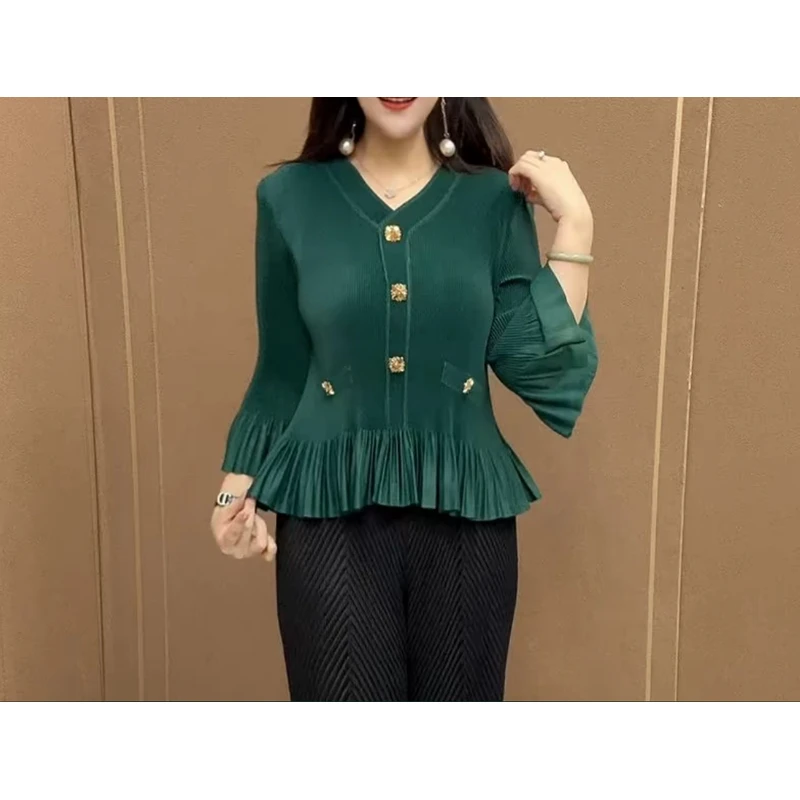 妍新款时尚洋气V领褶皱设计减龄开衫显瘦长袖打底春季修身百搭衫
