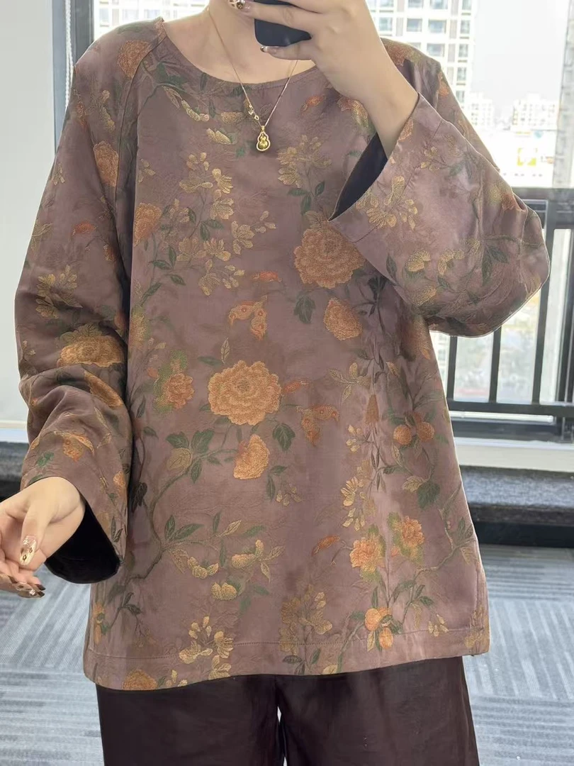 100%桑蚕丝！过泥老宋紫牡丹极简上衣