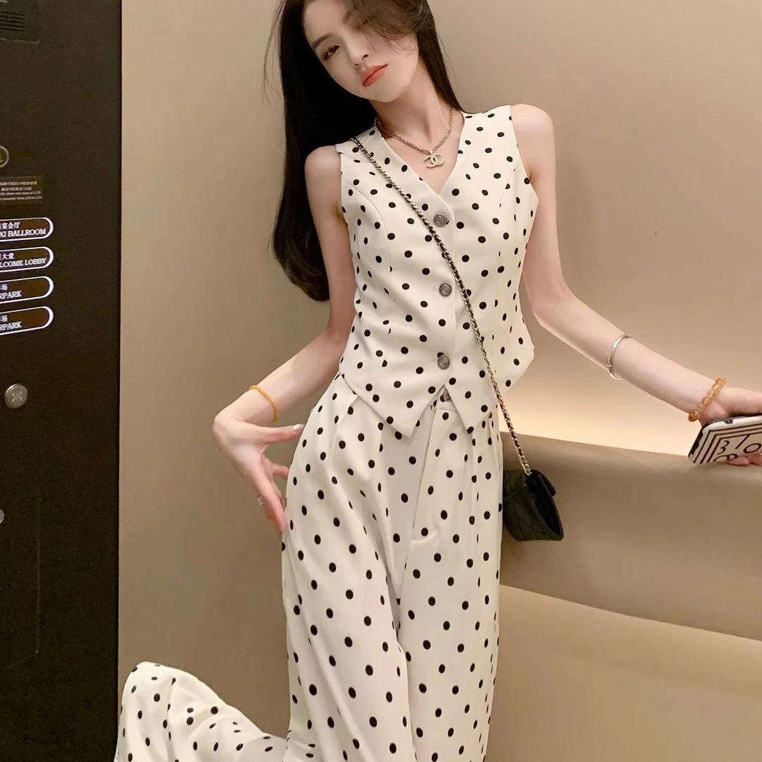 韩系复古波点套装女夏甜美V领无袖马甲高腰显瘦直筒阔腿裤两件套