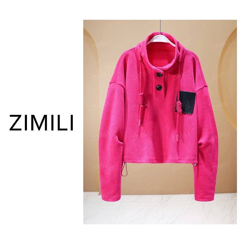 【亮哥欧货女装】2025冬季加厚玫红色竹节纹粗绳高领卫衣5959-K5