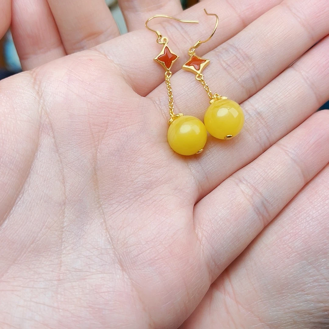 蜜蜡银S925镶嵌耳饰06