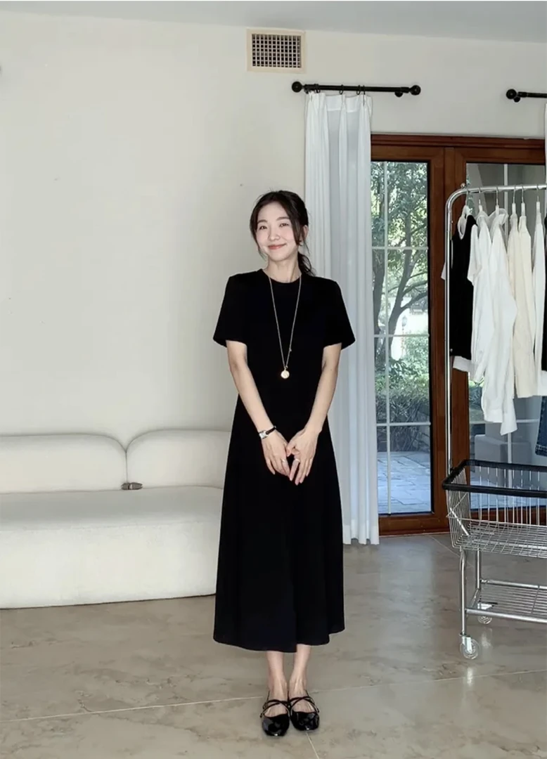 黑色方领短袖连衣裙宽松显瘦直筒简约气质夏季T恤裙高品质女装裙