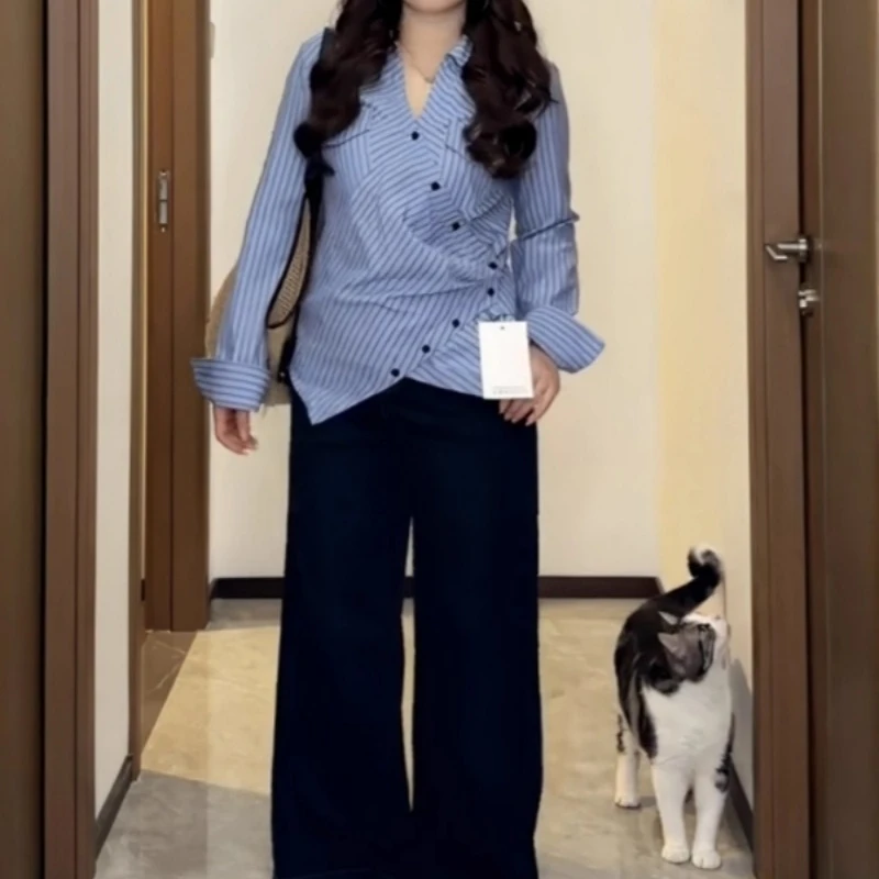 大码女装蓝色条纹不规则长袖衬衫2025秋季新款微胖mm显瘦小衫上衣