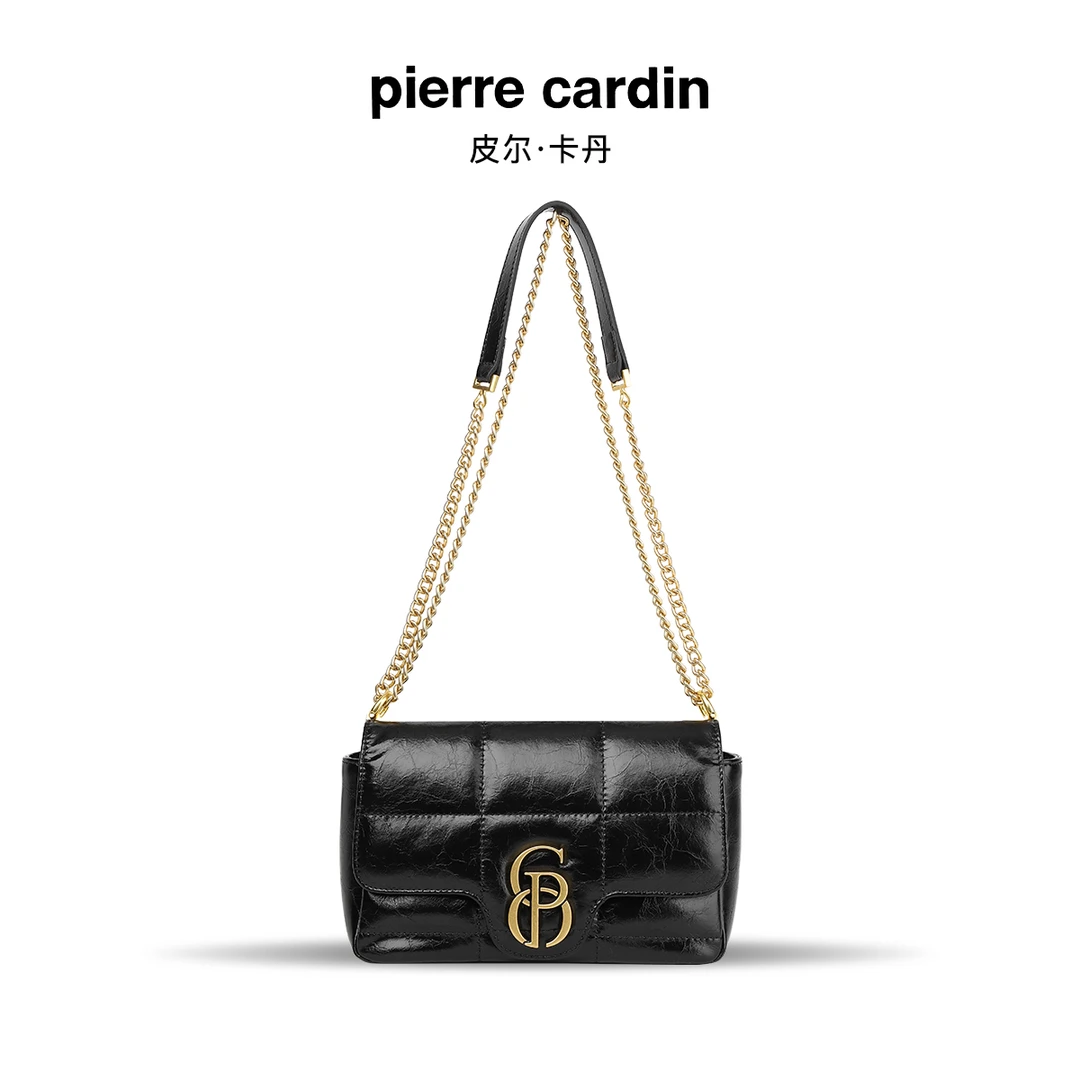 皮尔卡丹双11好礼牛皮女士黑色小香风单肩小众菱格新款斜挎包
