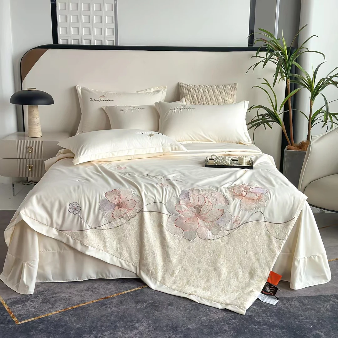 好运连连 蕾丝贴布绣夏凉被四件套可机洗凉感空调被子刺绣花夏被