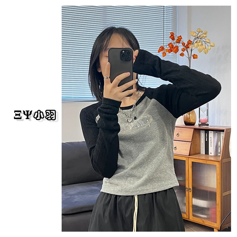 【佳文定制】899拼接打底衫插肩长袖运动时尚休闲网红修身百搭秋冬