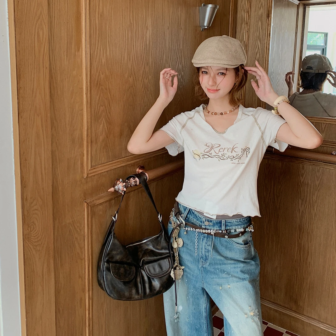 REREK设计师品牌小V领撞色波浪边印花针织T恤R25C05105124