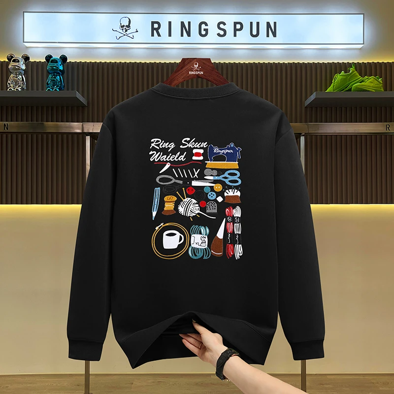 【缝纫机】男女同款春秋季重磅加厚刺绣圆领卫衣男长袖T恤宽松上衣