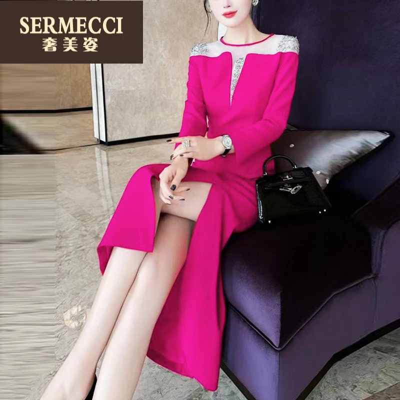 奢美姿2025年春秋绝美小裙拼接假两件玫红色包臀开叉连衣裙