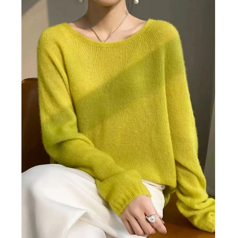 无缝软糯亲肤！77%山羊绒23%桑蚕丝针织罩衫女圆领慵懒风宽松毛衣
