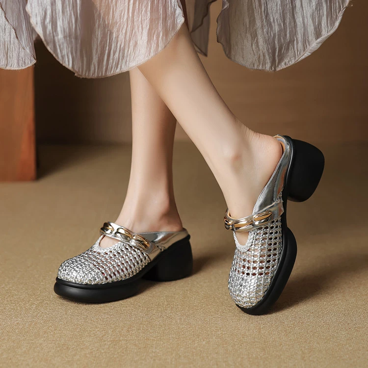 6.5公分编织镂空包头半拖鞋透气厚底外穿一脚蹬凉拖鞋百搭凉鞋女