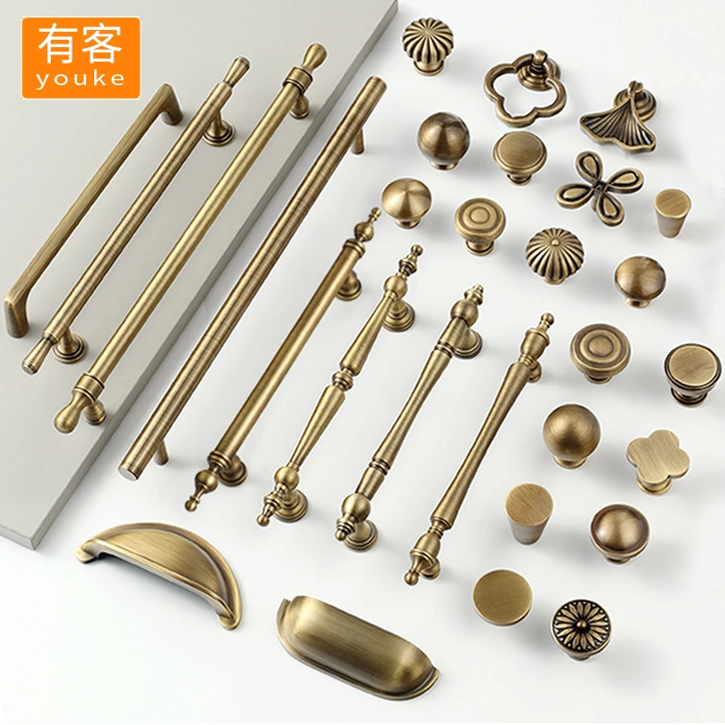 美式古铜色拉手黄铜柜门橱柜抽屉家具门把手轻奢复古法式衣柜拉手
