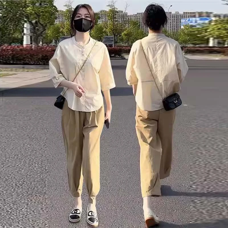 一整套ootd穿搭女2025夏季新款小个子休闲中袖衬衫百搭哈伦裤套装