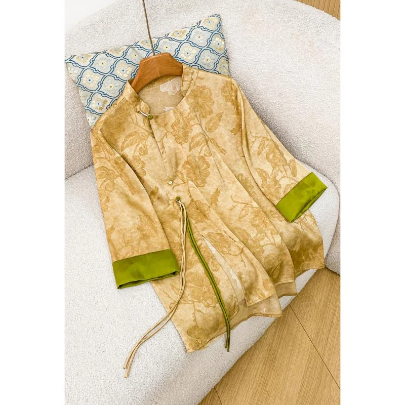 076新中式半开领暗纹提花上衣高级感撞色袖中袖小衫