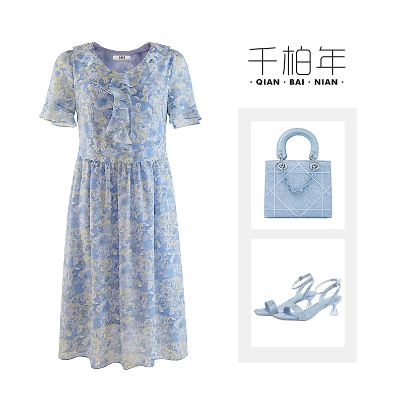 千柏年品牌【花海漫游】法式碎花收腰气质法式长裙显瘦连衣裙-C238