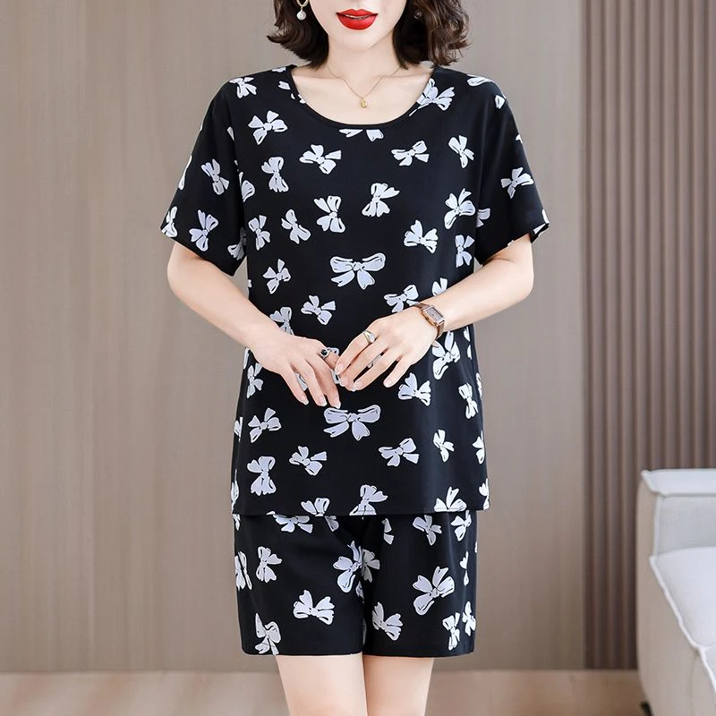 棉绸套装女夏装宽松休闲人造棉洋气两件套短袖短裤上衣可外穿夏季