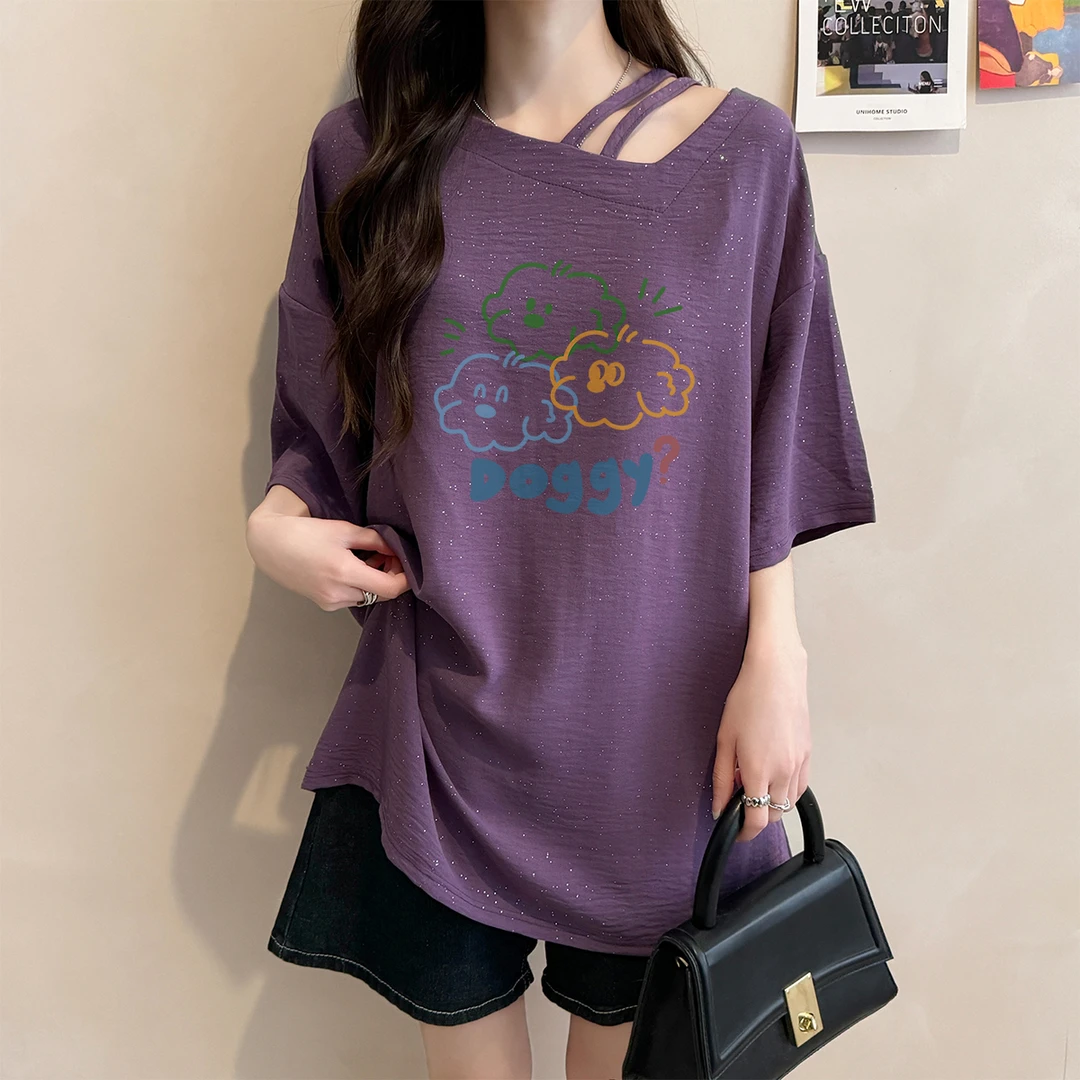 宽松oversize短袖T恤女夏季爆款韩版亮闪闪斜领设计感减龄上衣服