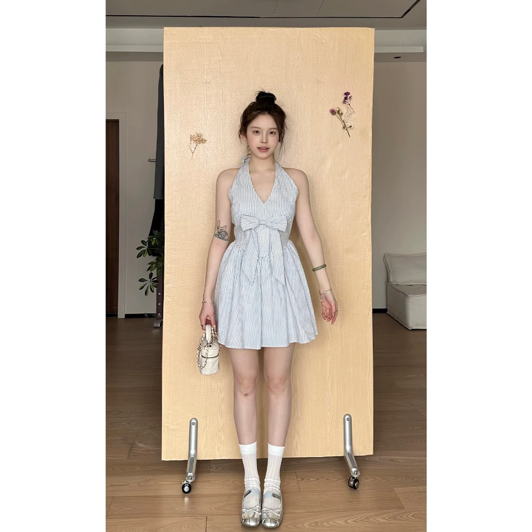 【清清】金川川 人间梦露 法式设计挂脖v领蝴蝶结棉质收腰连衣裙