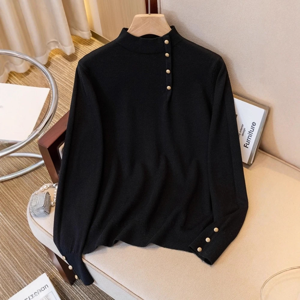 不规则纽扣半高领上衣女2025秋冬大码胖宽松显瘦休闲打底针织衫