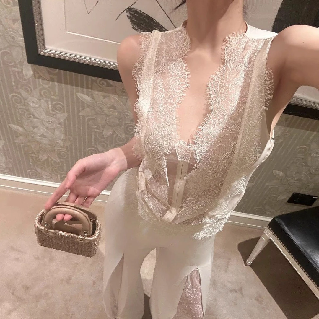 香颂蕾丝性感纯欲风立体睫毛蕾丝花边不规则V领衬衫女