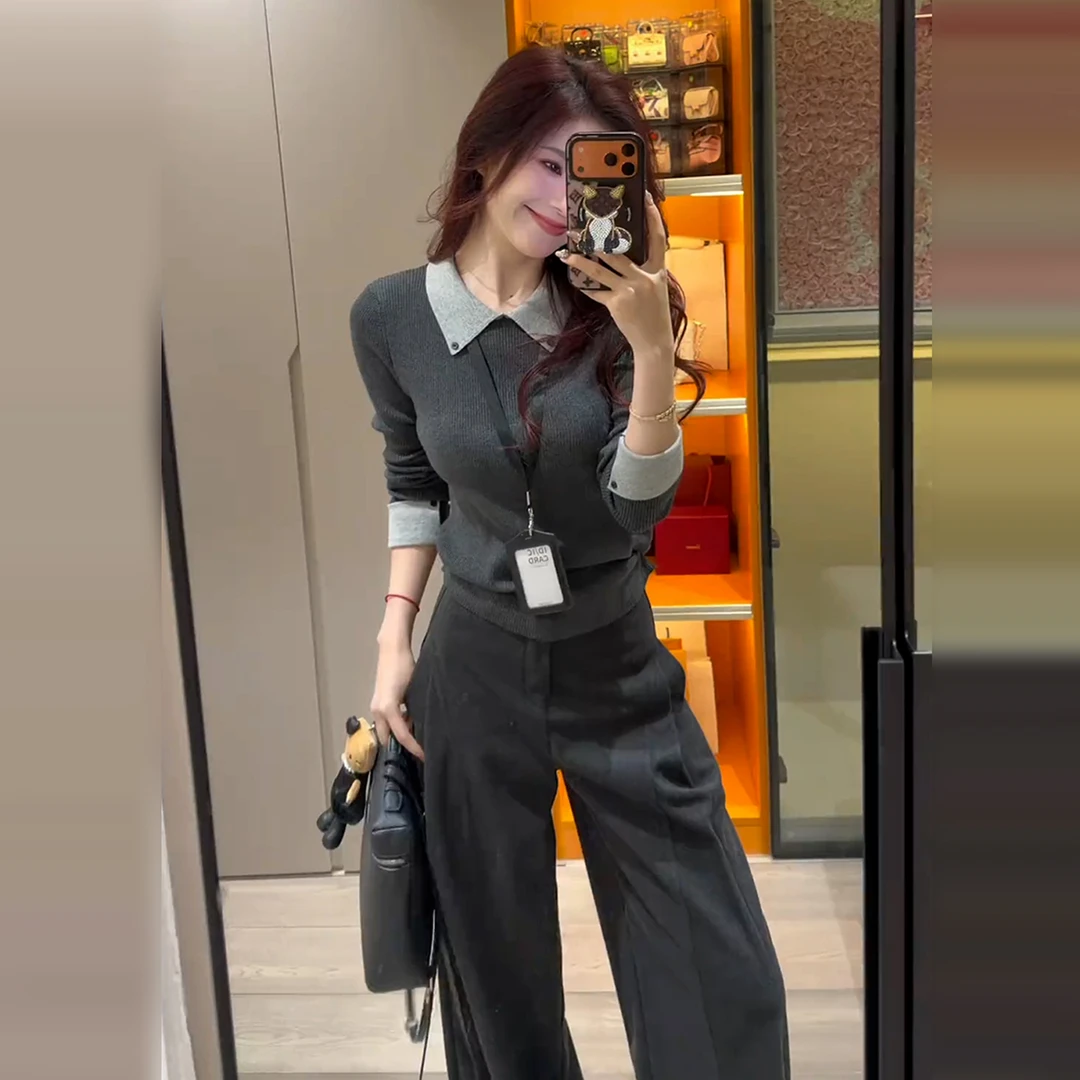 法式高级感灰色翻领打底衫女秋冬内搭秋季新款针织上衣设计感小众