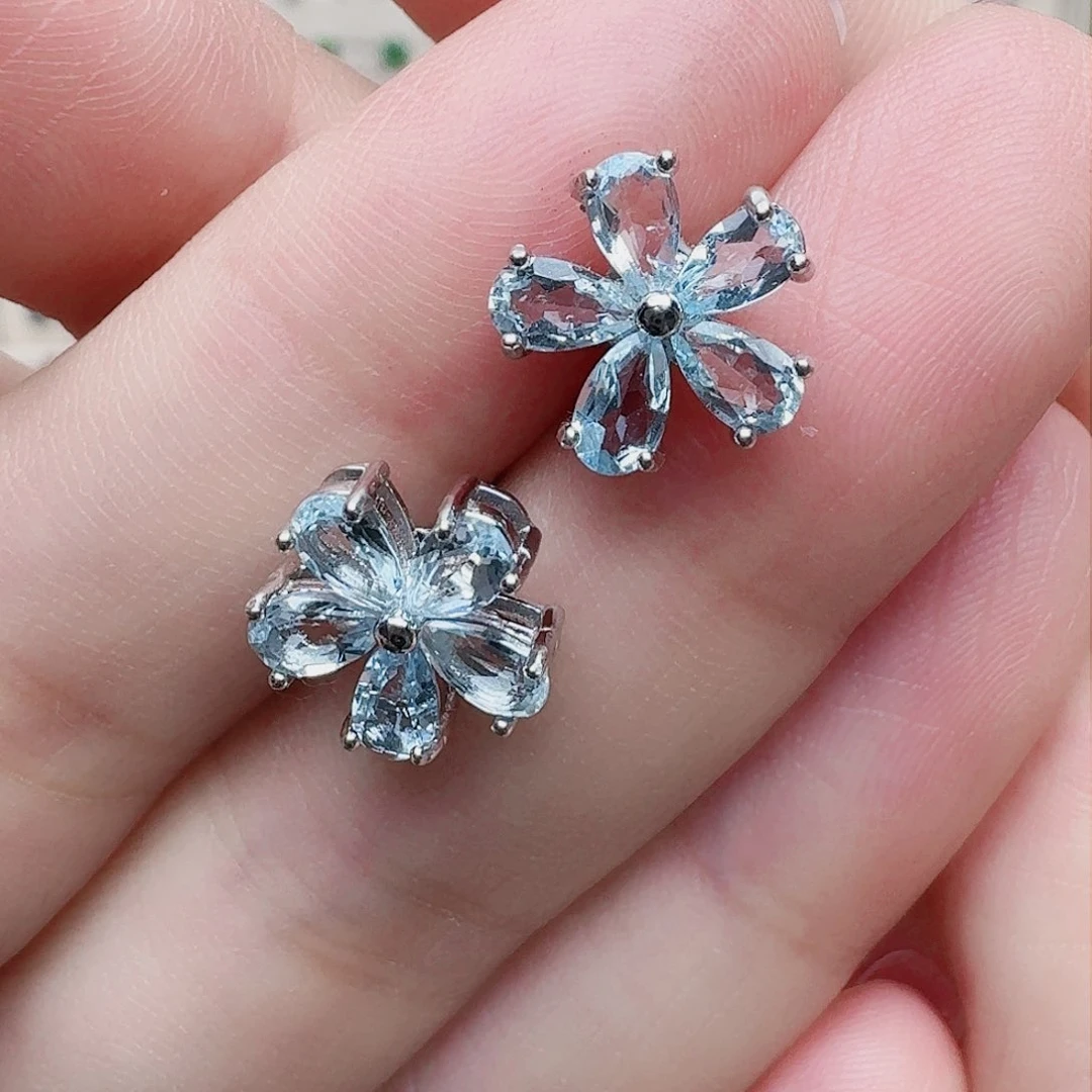 海蓝宝石耳坠银S925镶嵌耳钉