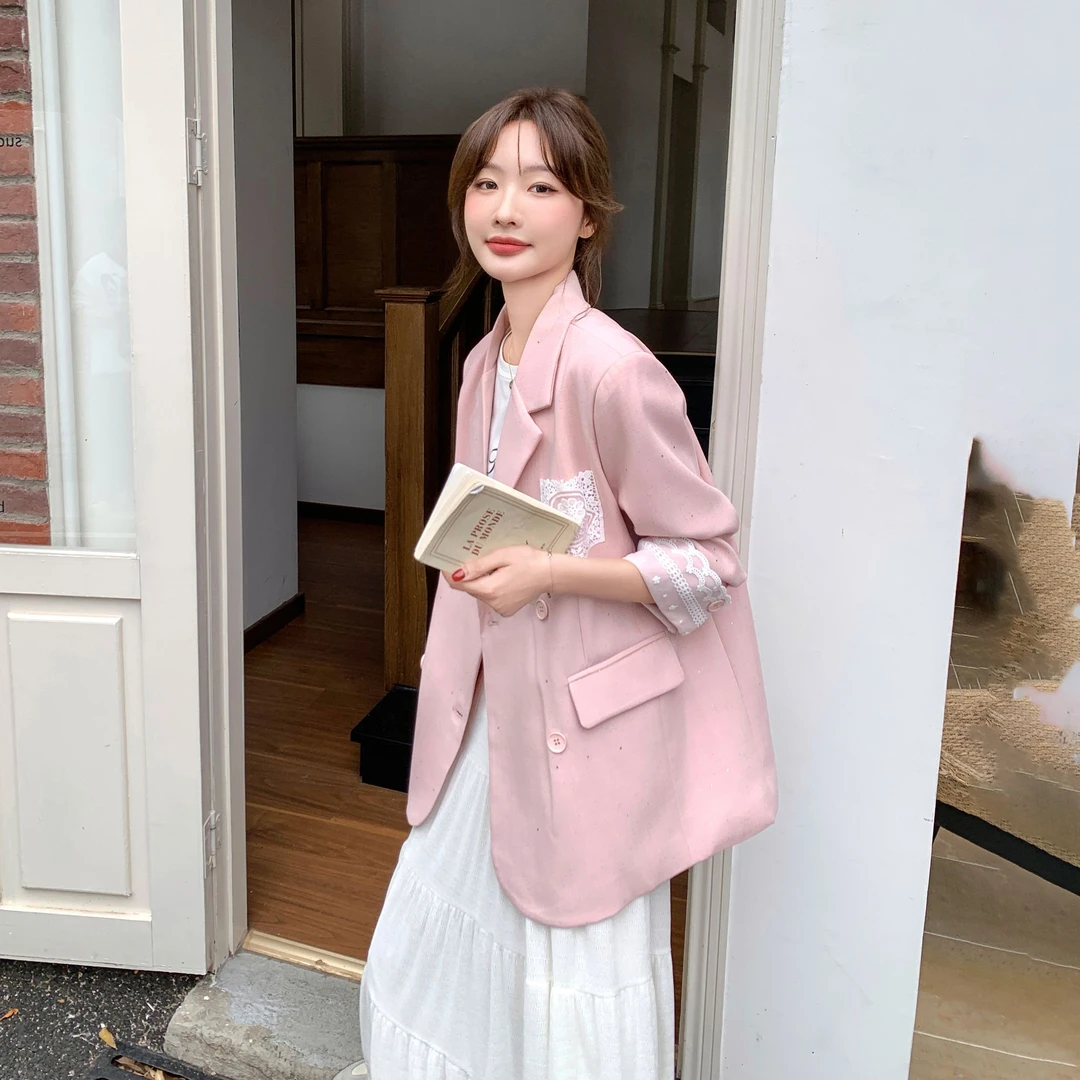 韩版时尚气质小个子蕾丝西装外套2025春季新款休闲宽松西服上衣女