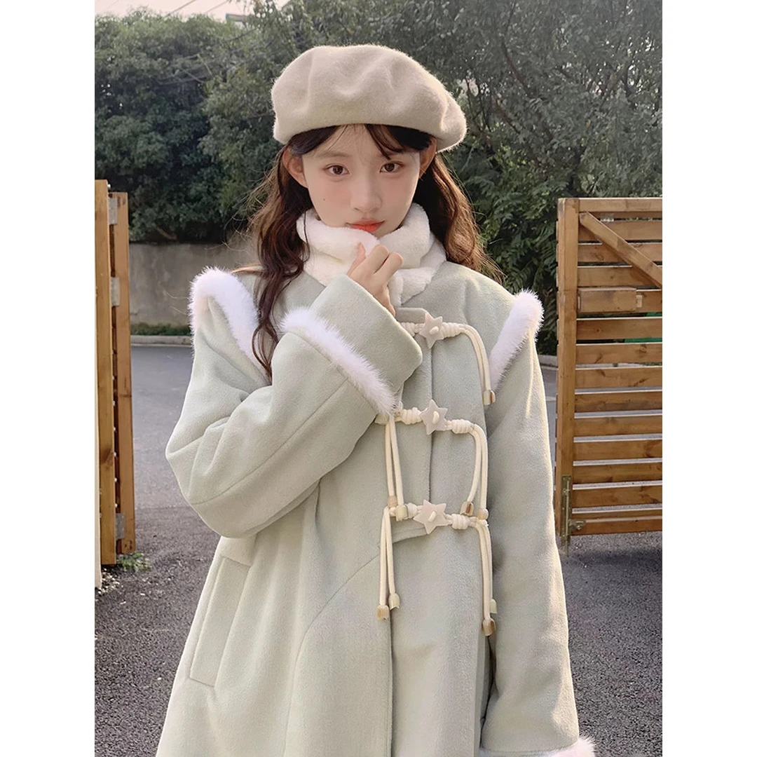 秋冬新款星星扣拼接毛呢外套女复古甜美绿色中长款夹棉呢子大衣女