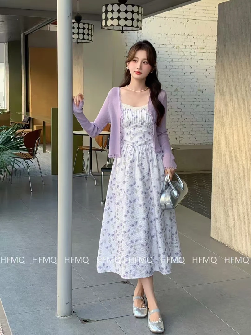 开衫法式长裙碎花裙显瘦气质甜美风