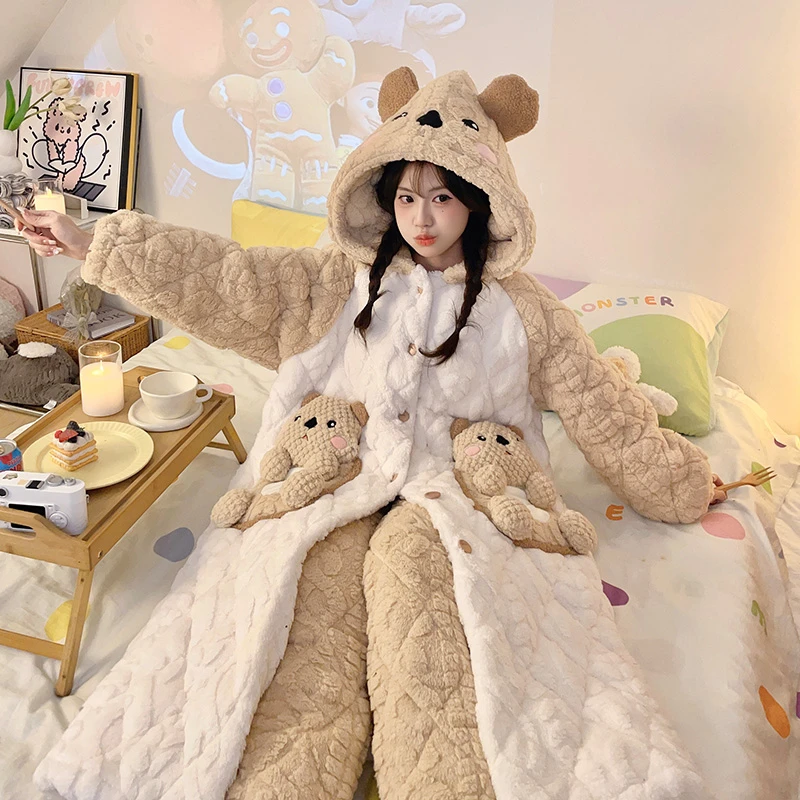 卡通珊瑚绒睡衣女2025新款秋冬季三层夹棉加绒加厚家居服冬天保暖