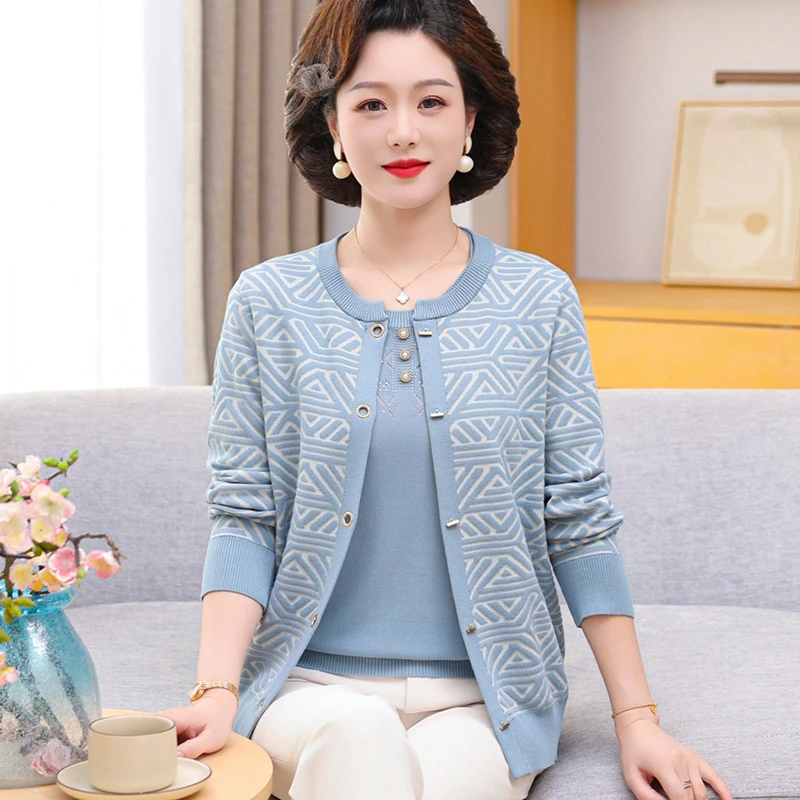 妈妈春装2025新款针织上衣两件套中老年女装薄款短袖小衫洋气开衫